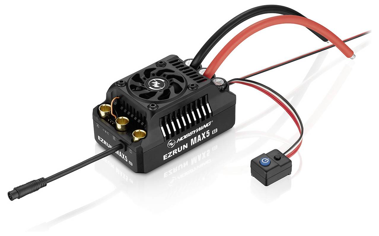 Ferngesteuerter elektronischer Fahrtregler EZRun MAX5 mit Lüfter und mehreren Kabelanschlüssen, geeignet für Hochleistungs-RC-Fahrzeuge.