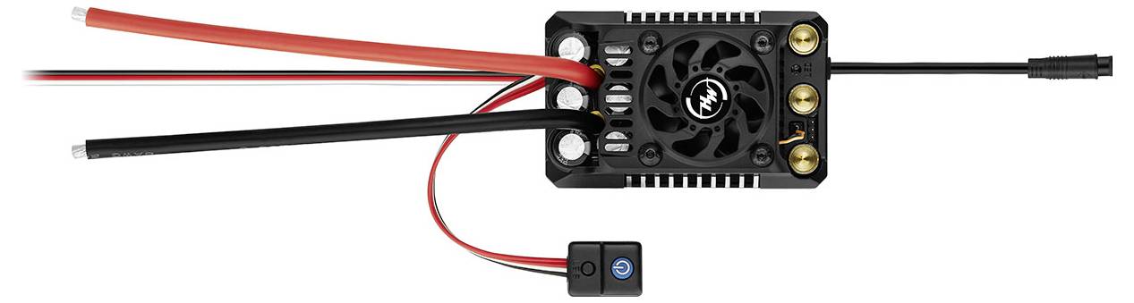 Elektronischer Geschwindigkeitsregler mit Lüfter, mehreren Kabeln und Anschlussstecker. Verwendet in ferngesteuerten Modellen.