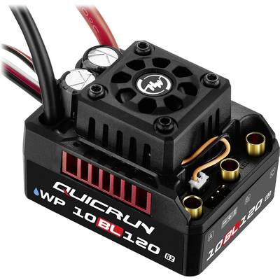 Ein schwarzer elektronischer Geschwindigkeitsregler mit Aufschrift 'QUICRUN WP 10BL120', Lüfter oben und Kabelanschlüssen.