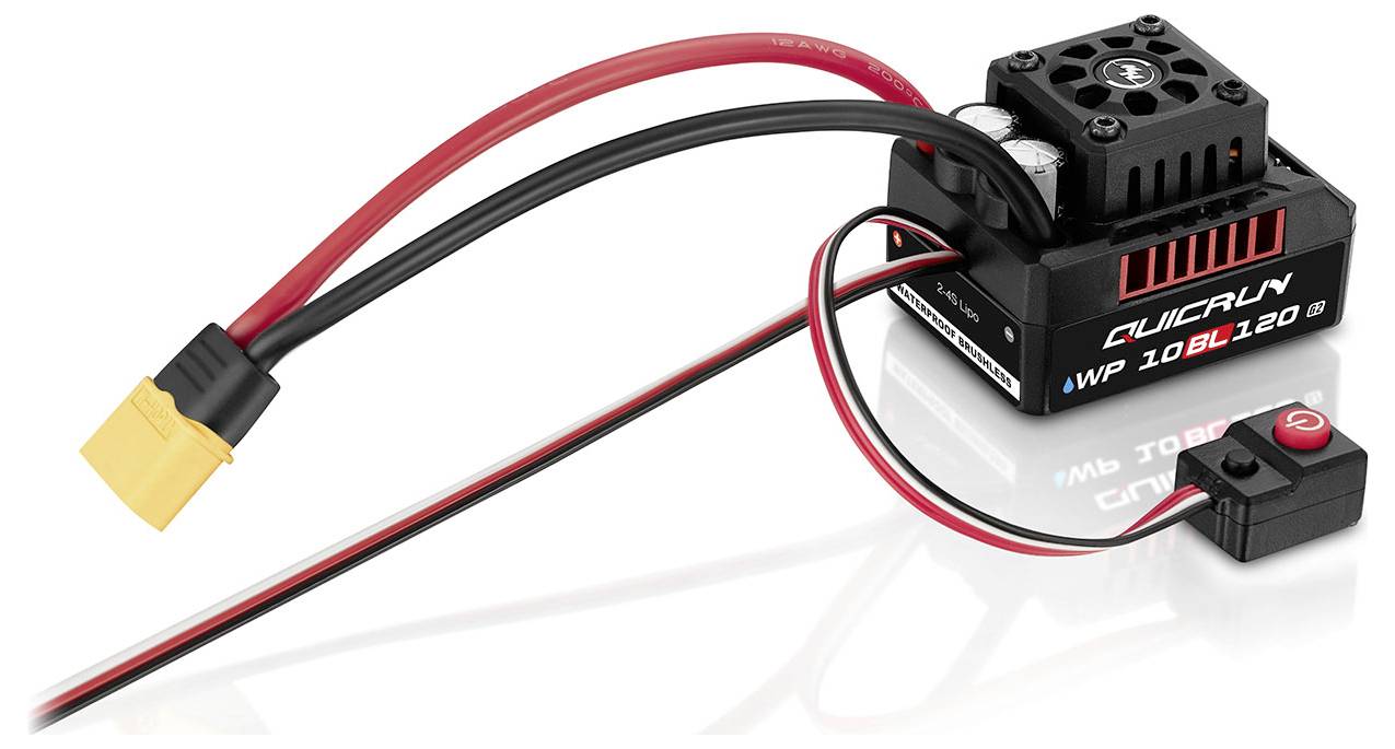 'Brushless Motor-Controller mit drei Kabeln, einem gelben Stecker und einem schwarz-roten Schalter. Aufschrift: "QuicRun WP 10BL120".'