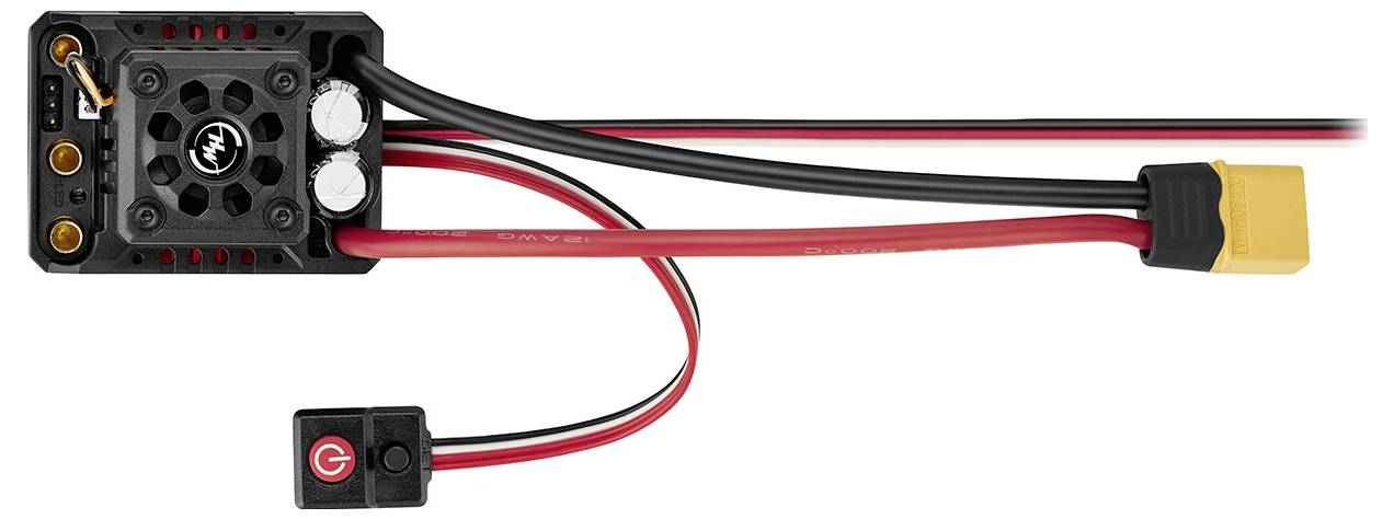 Elektronischer Geschwindigkeitsregler mit Kabeln, einem Lüfter und einem gelben Anschluss. Geeignet für RC-Modelle.