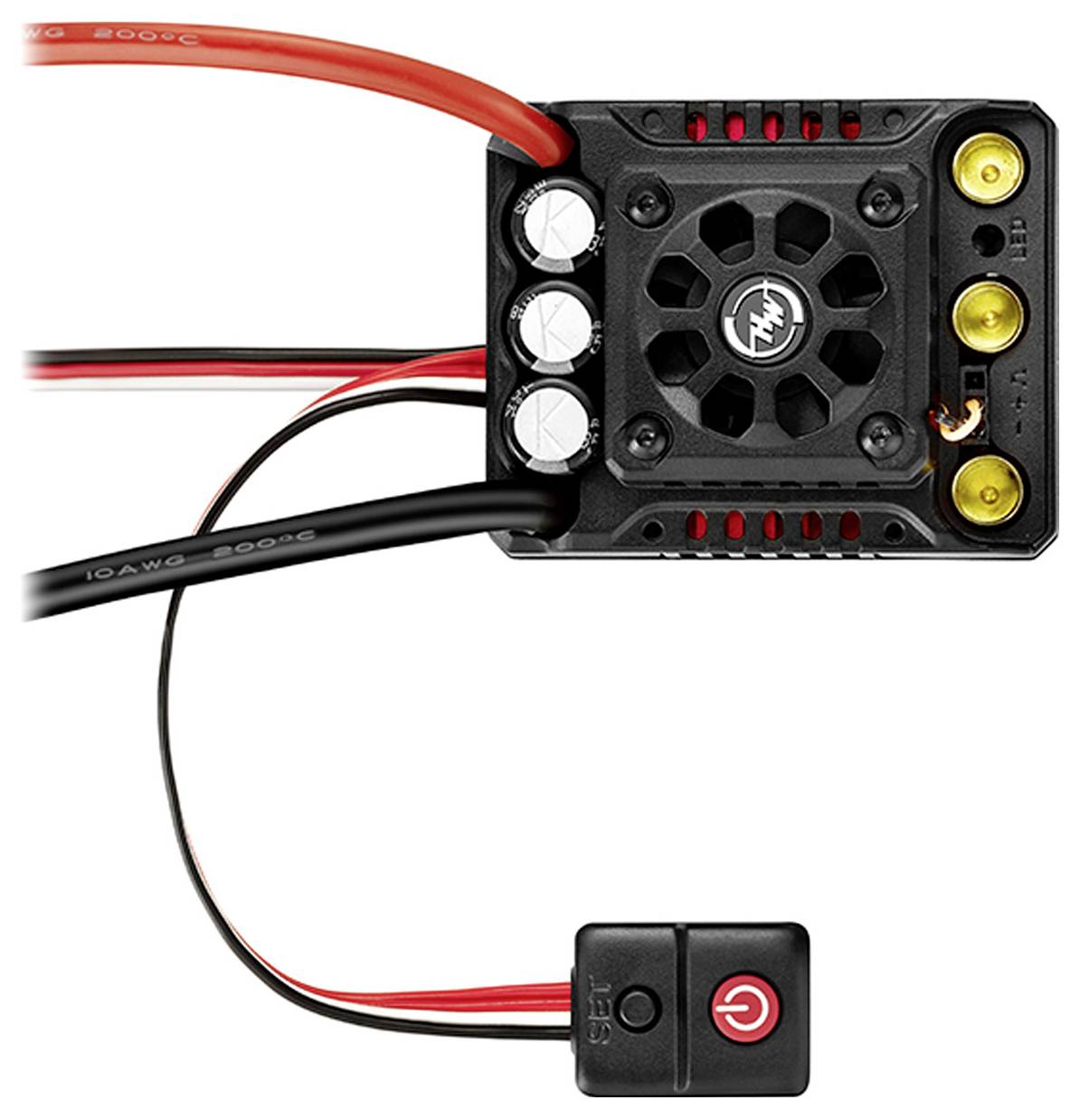 Elektronischer Regler mit Lüfter und Kabeln. Enthält Schalter mit Ein/Aus-Symbol und drei runde Anschlussbuchsen oben rechts.