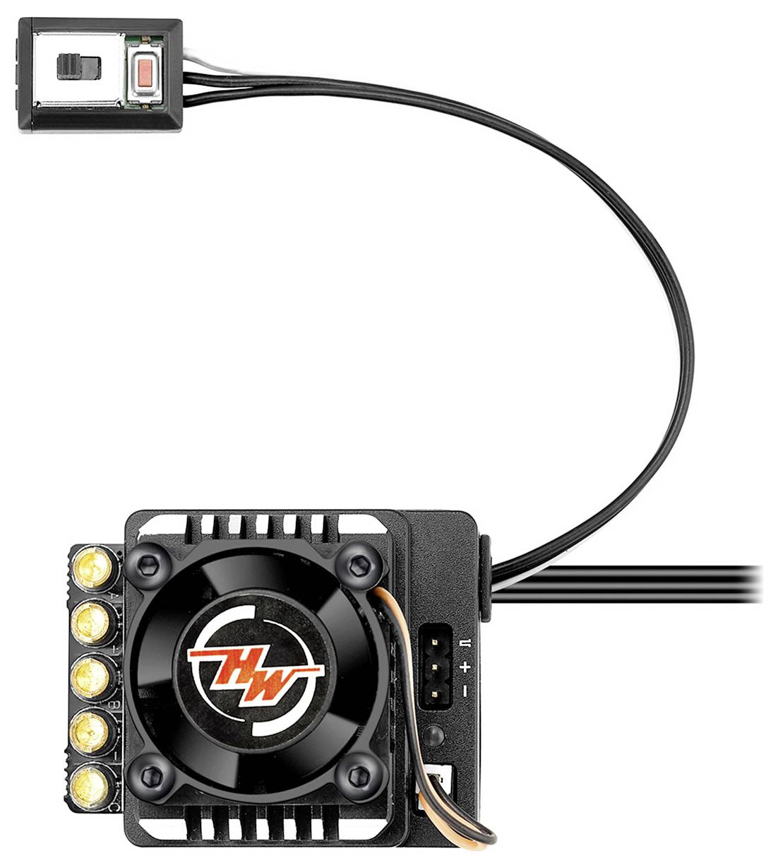 Elektronischer Geschwindigkeitsregler mit Lüfter und mehreren Anschlüssen, verbunden über Kabel mit externer Bedienungseinheit.