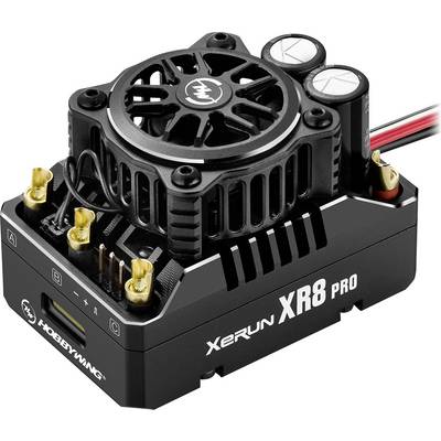 Schwarzer elektronischer Drehzahlregler 'Xerun XR8 Pro' mit Lüfter und Anschlusskabeln, verwendet für ferngesteuerte Fahrzeuge.