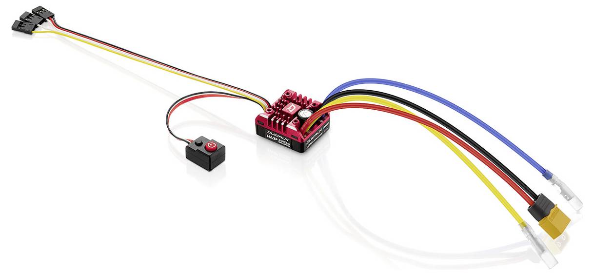 Ein elektronischer Regler mit verschiedenen farbigen Kabeln und einem kleinen Schalter, verwendet zur Steuerung von RC-Modellmotoren.