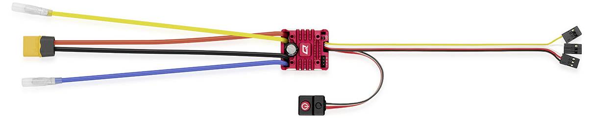 Elektronischer Drehzahlregler mit mehreren Kabeln in verschiedenen Farben, geeignet für den Modellbau, vor weißem Hintergrund.