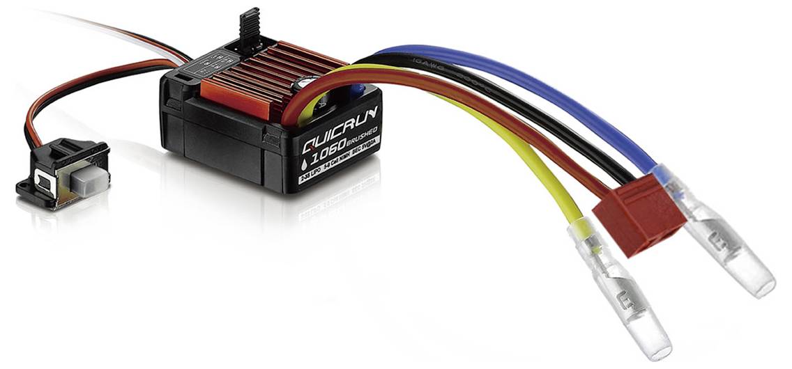 Ein elektronischer Geschwindigkeitsregler mit mehreren bunten Kabeln für ferngesteuerte Modelle.