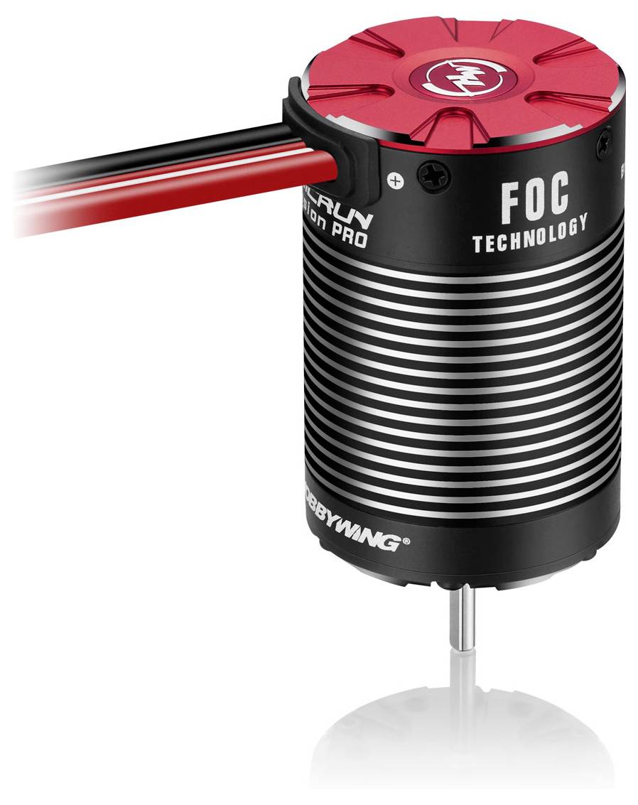 Brushless-Motor mit der Aufschrift 'FOC Technology'. Er hat ein rot-schwarzes Gehäuse mit sichtbaren Kühlrippen und Kabelanschlüssen.