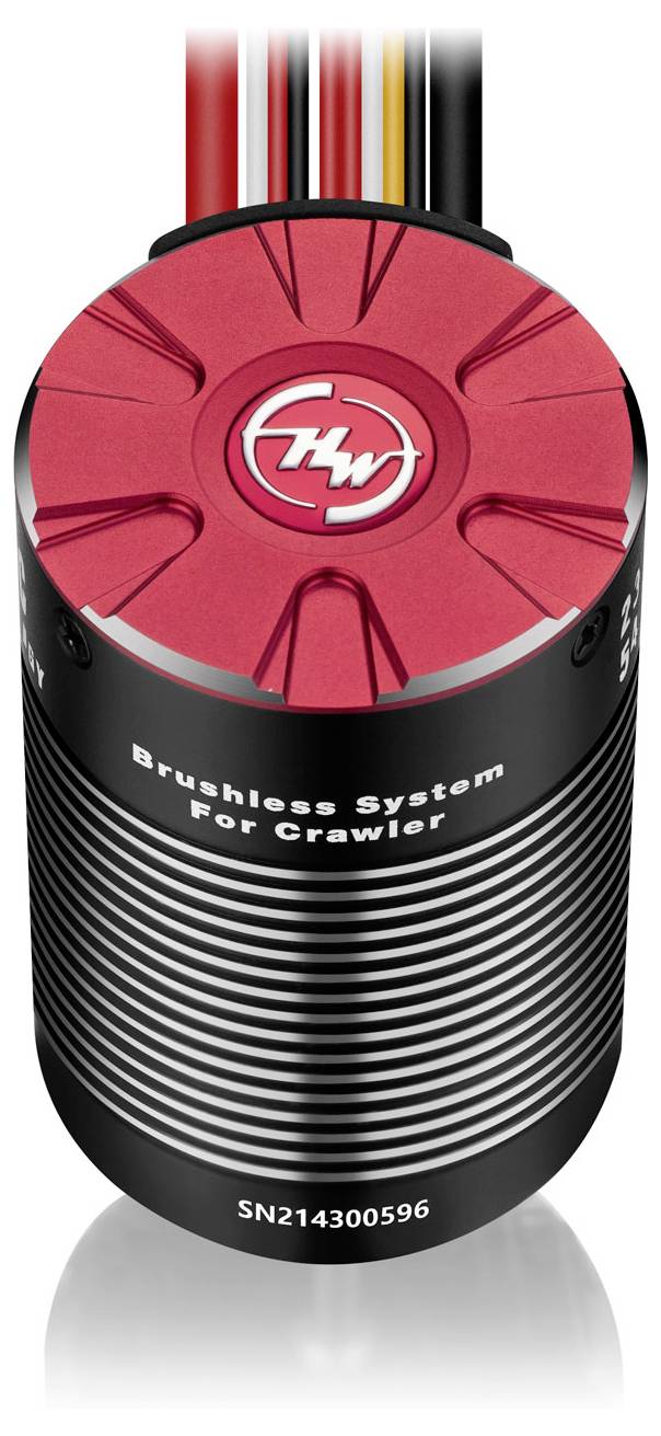 Ein roter, zylindrischer Motor mit Beschriftung 'Brushless System for Crawler'. Oben Kabel in Schwarz, Rot, Gelb und Orange sichtbar.