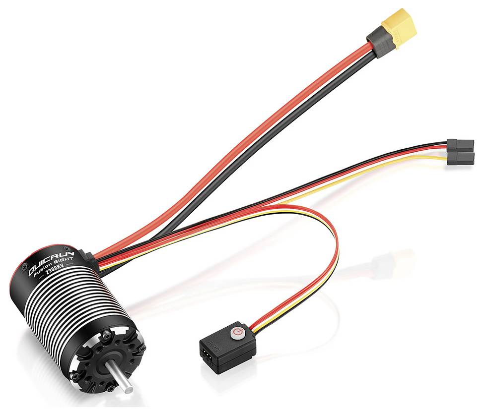 Ein schwarz-silberner Elektromotor mit drei herausragenden Kabeln, geeignet für Modellbauanwendungen.