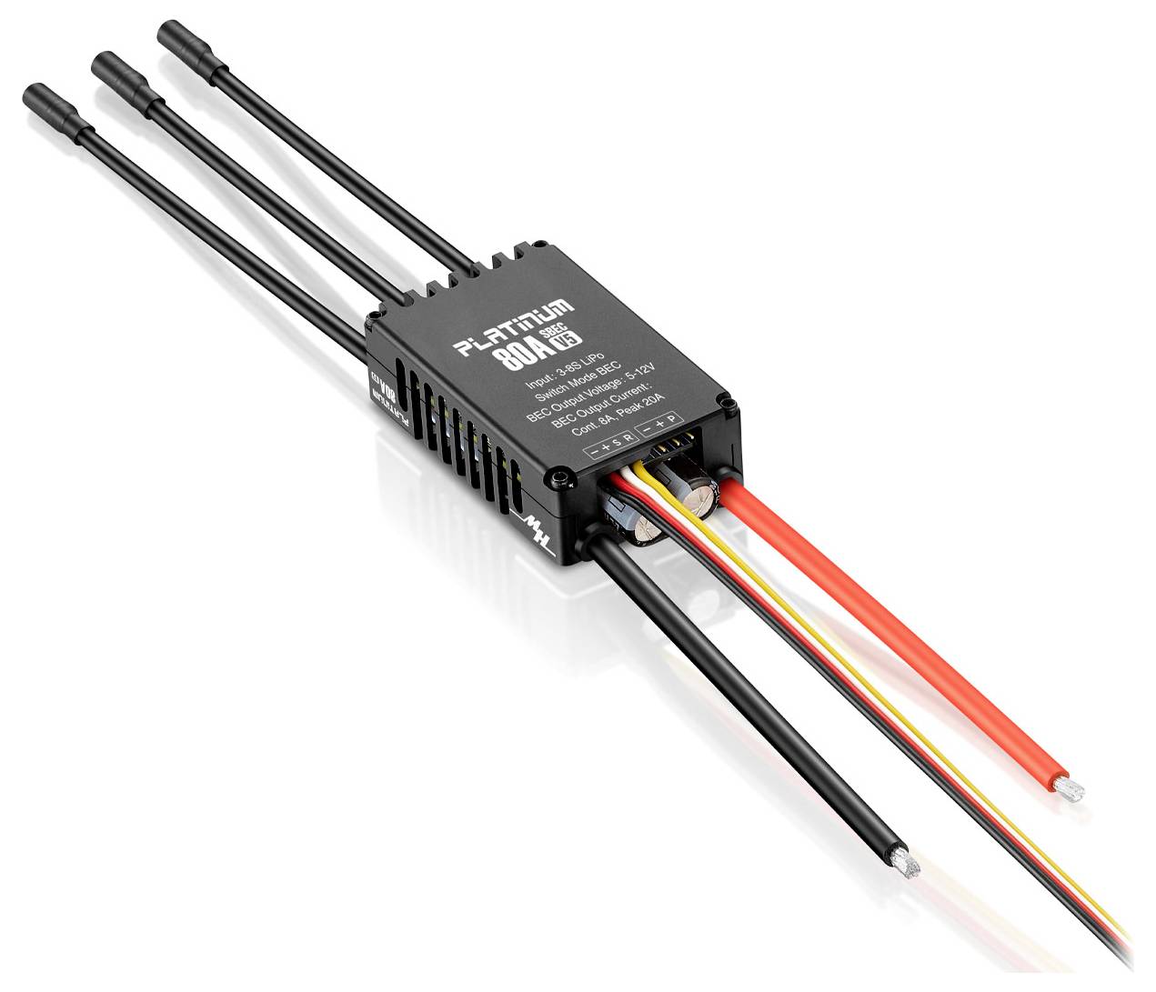Elektronischer Geschwindigkeitsregler (ESC) mit Kabeln für Modellflugzeuge, darauf steht 'Platinum 60A V3', dient zur Steuerung von Motoren.