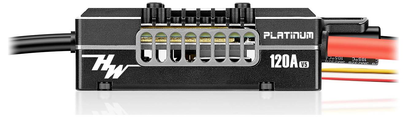 Schwarzer elektronischer Geschwindigkeitsregler mit der Aufschrift 'PLATINUM 120A V3', Kabelanschlüsse sichtbar auf der Oberseite.