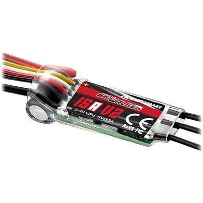 Detailaufnahme eines Elektronik-Bauteils mit Beschriftung '15A V2', verwendet für 2-3S LiPo-Batterien. Enthält farbige Kabelanschlüsse.