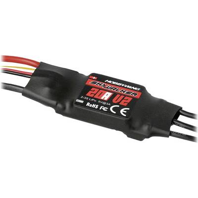 Ein schwarzer Hobbywing Skywalker 20A V2 ESC mit roten und schwarzen Kabeln für den Einsatz in RC-Fahrzeugen.