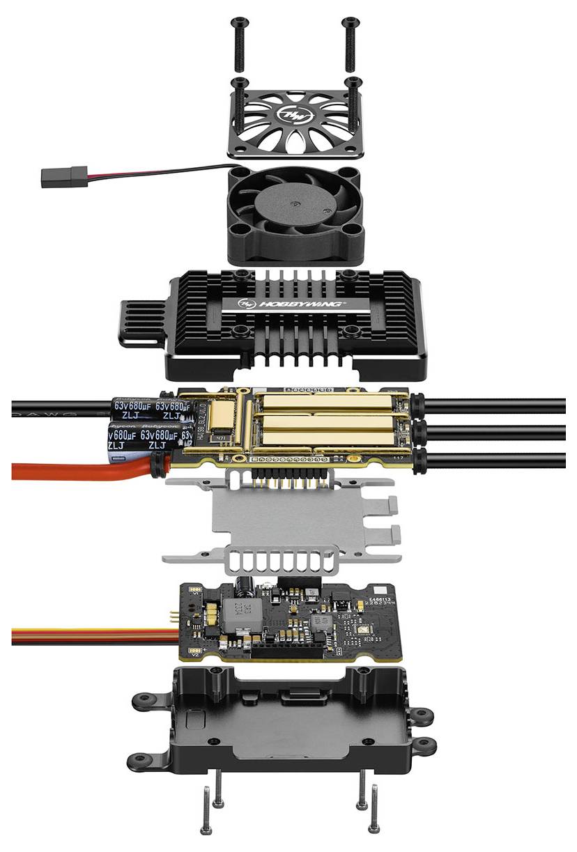 Explosionsdarstellung eines elektronischen Geräts mit Lüfter, Kühlkörpern, Platinen und Gehäusekomponenten, die Struktur zeigen.