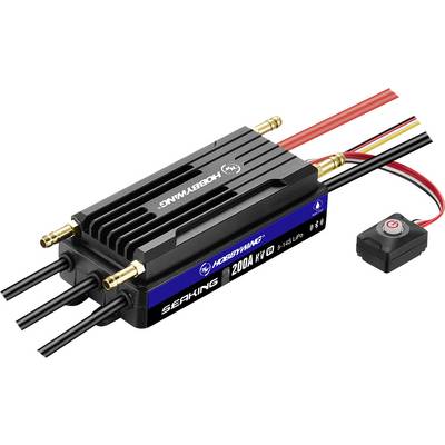 Elektronischer Drehzahlregler 'Hobbywing Seaking 200A V3' für ferngesteuerte Boote, mit verbundenem Schalter und Kabeln.