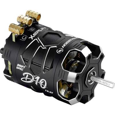 Elektromotor für RC-Fahrzeuge mit Aufschrift 'DRIFT SPEC D10'. Enthält Anschlüsse A, B, C und ein Metallschild mit technischen Details.