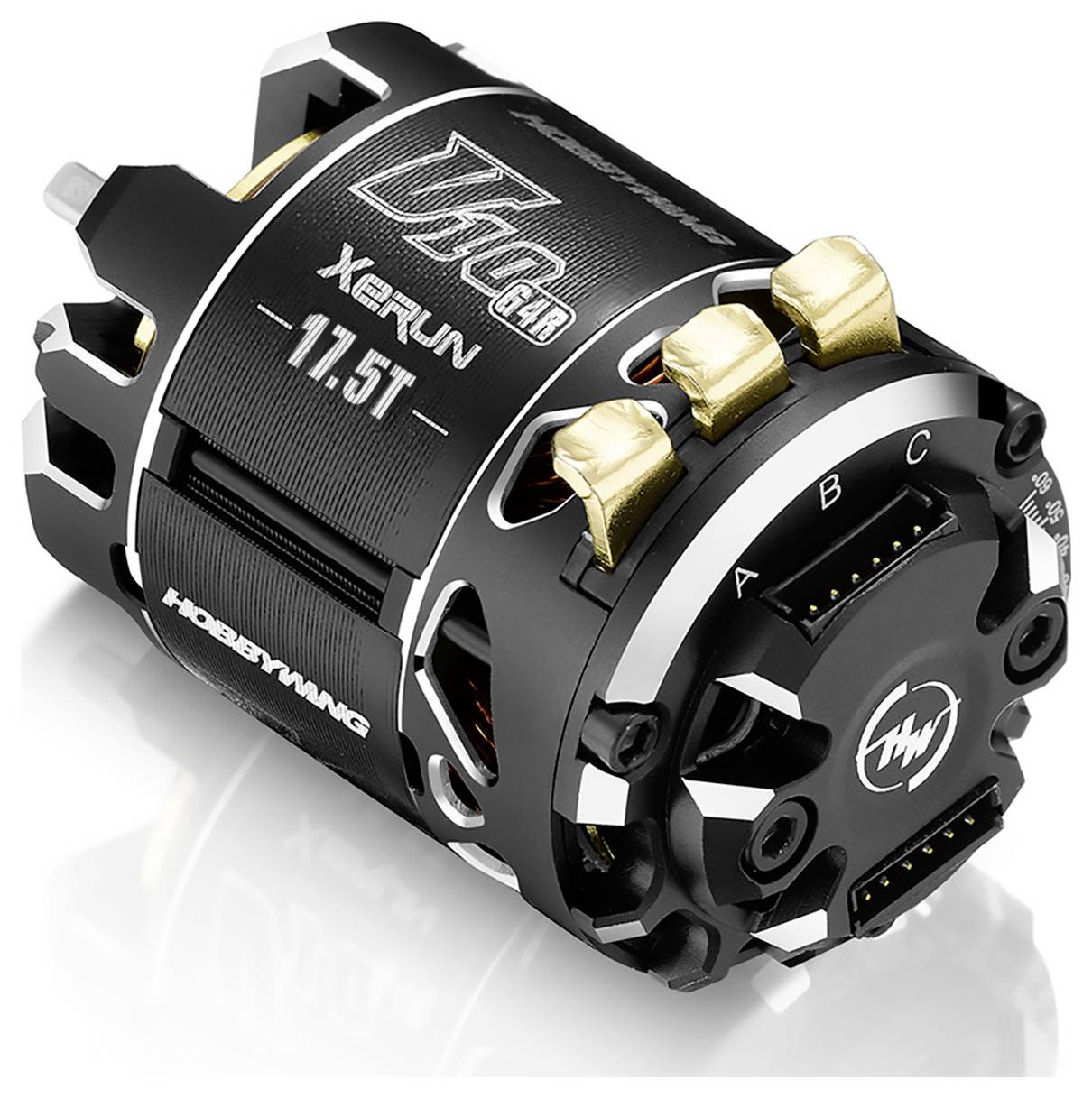 Ein elektrischer Motor mit der Aufschrift 'Hobbywing XERUN 17.5T', schwarz und goldfarben, zeigt Anschlüsse zur Verwendung im RC-Modellbau.