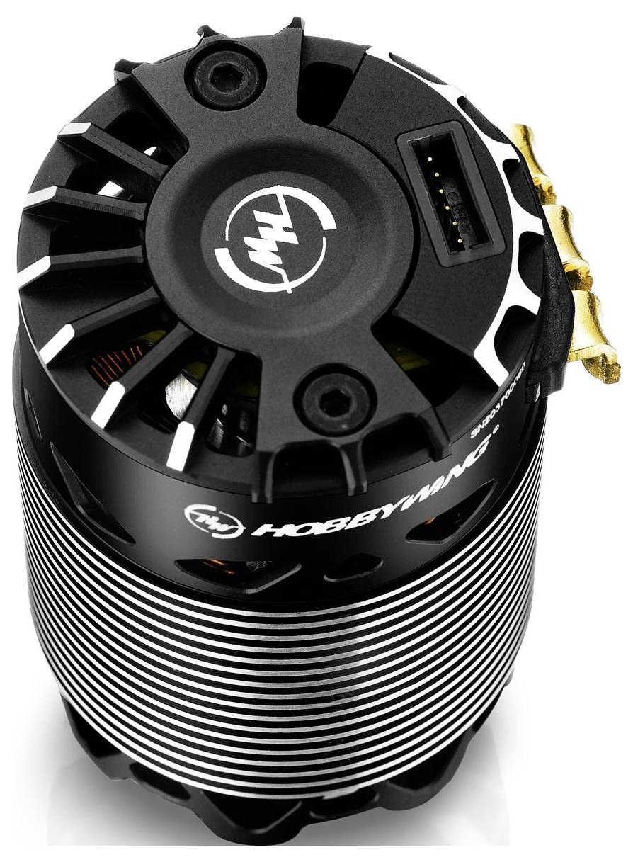 Brushless Elektromotor mit schwarzem Gehäuse und Kühlrippen. Oben Logo und Steckverbindung. Verwendet für Modellbau.