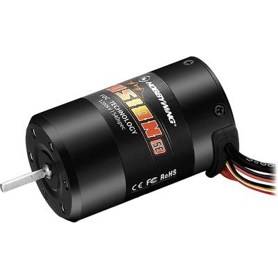 Brushless Elektromotor mit schwarzem Gehäuse und mehreren Kabeln, geeignet für Modellbau. Aufschrift: 'Hobbywing Fusion SE'.