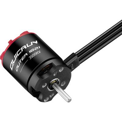 Bürstenloser Elektromotor mit der Aufschrift 'QUICRUN OUTER 1621 3500KV', schwarzes Gehäuse, rote Details und Kabelanschluss.