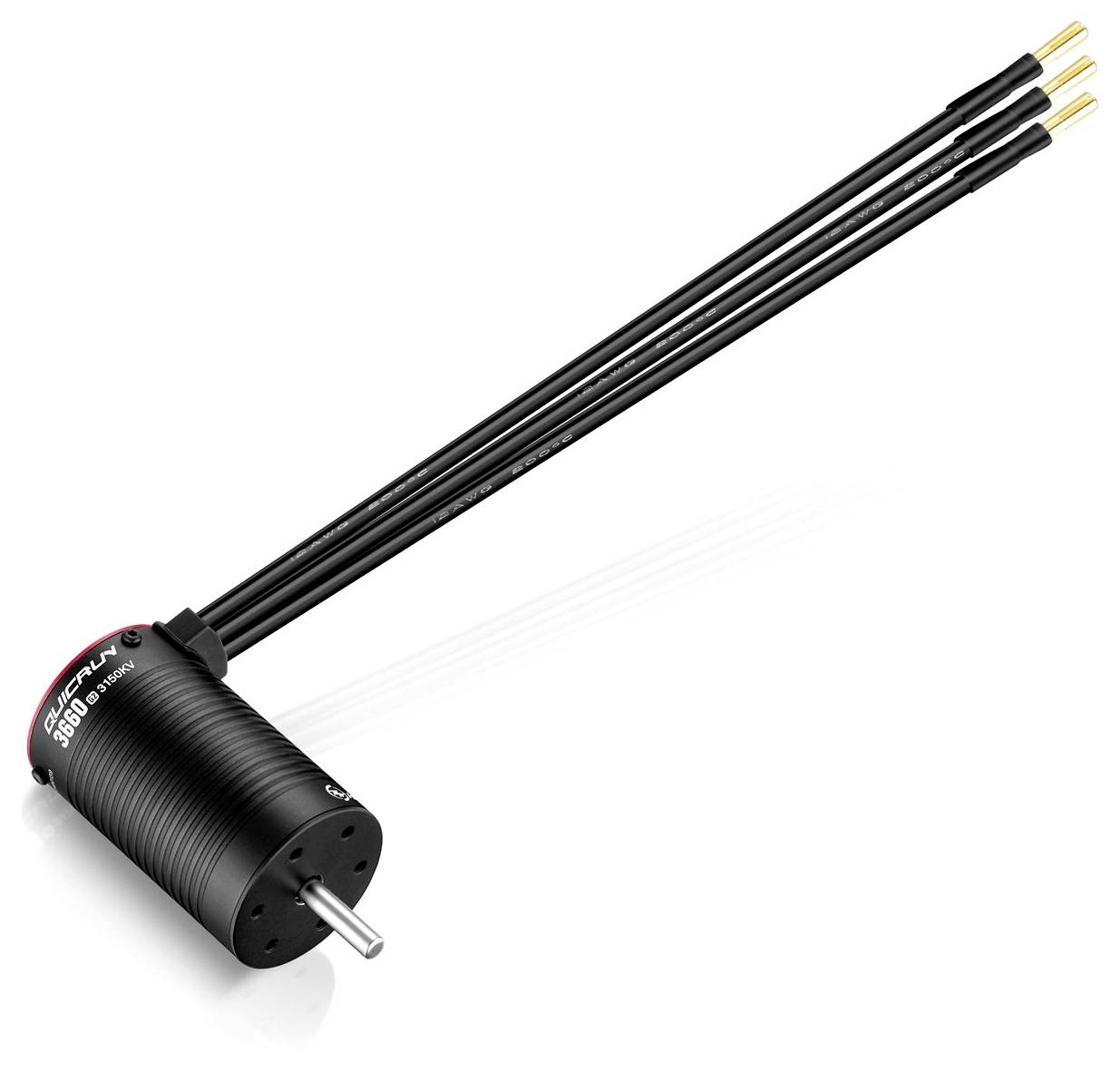 Elektromotor mit drei Kabeln, schwarzem Gehäuse und zylindrischer Form, geeignet für Modellbauanwendungen.