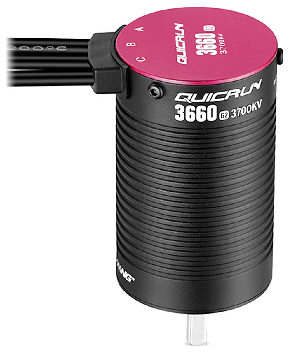 Ein schwarzer zylindrischer Motor mit roter Oberseite, Beschriftung 'QUICRUN 3660 3700KV', zeigt Anschlusskabel A, B, C.