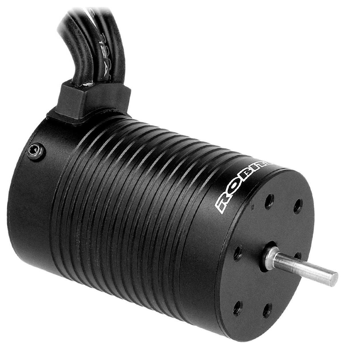 Ein schwarzer Elektromotor mit Kabeln ragt aus der Oberseite. Robustes, zylindrisches Design mit schmalen Rippen für Kühlung.