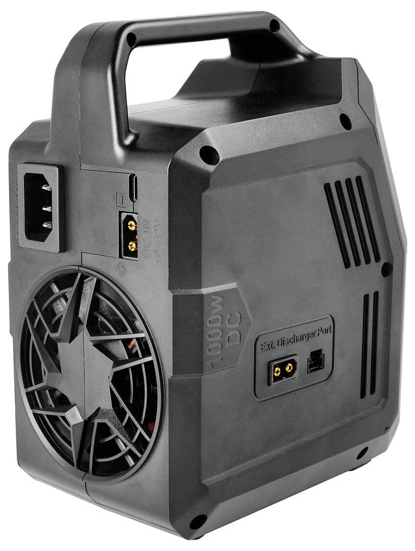 Tragbare, schwarze Powerstation mit Griff, Lüfter und Anschlüssen für Strom und USB. Kapazität: 1000 Watt.