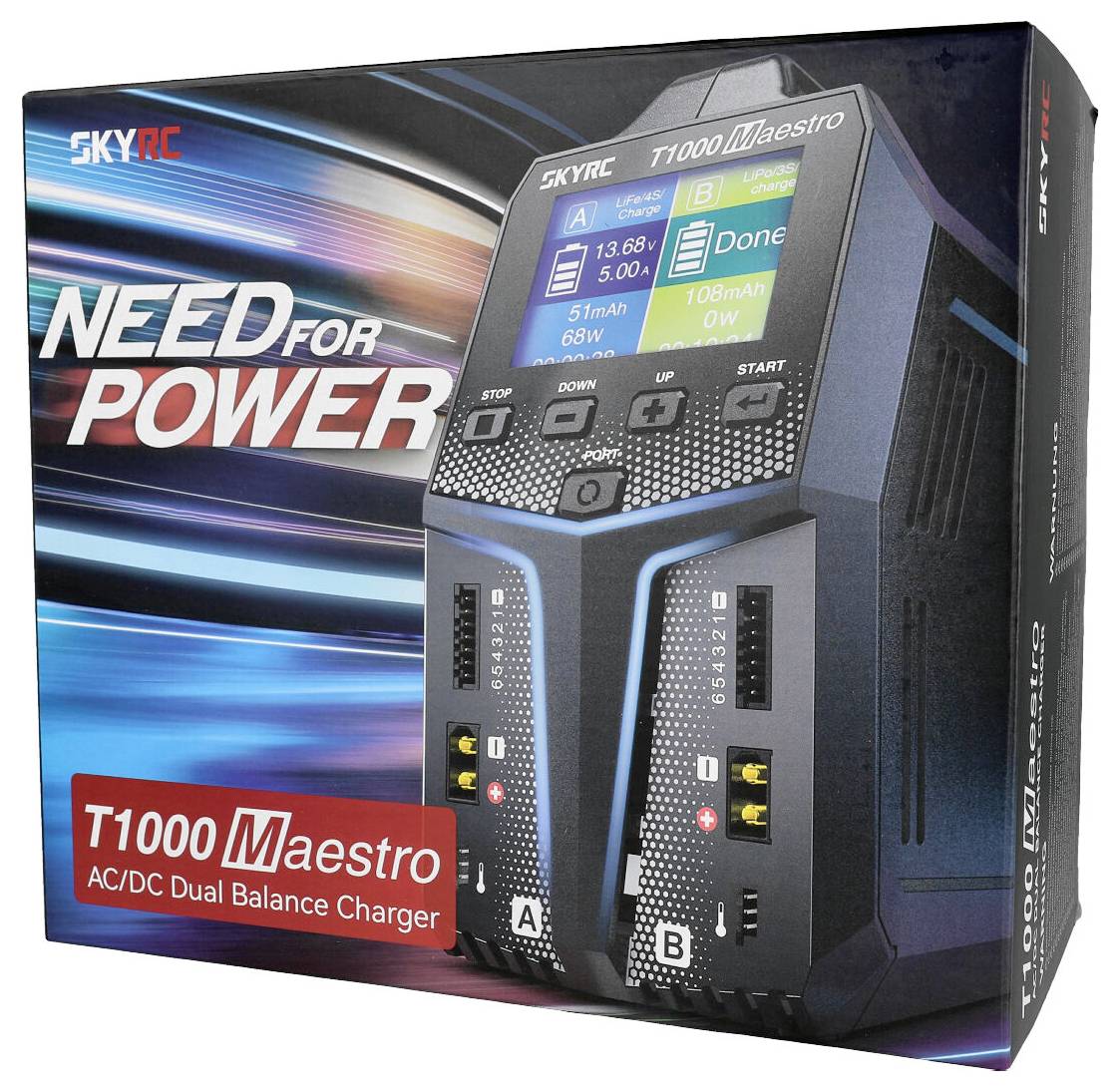 Eine Verpackung für ein SkyRC T1000 Maestro Ladegerät, das als AC/DC Dual Balance Charger beschrieben wird.