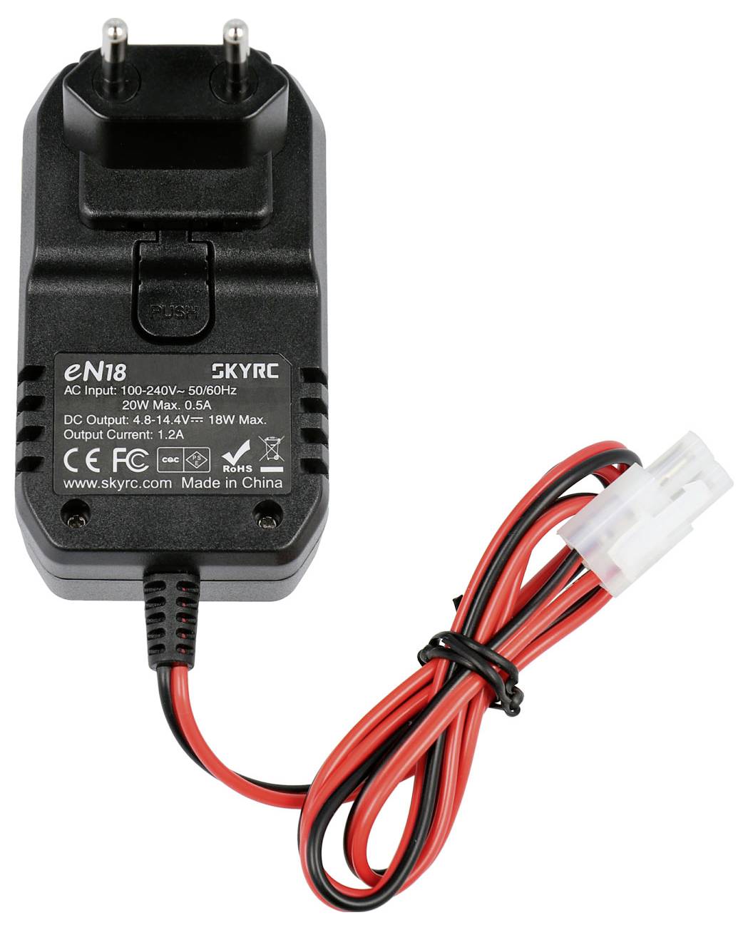 Ein schwarzes Ladegerät mit rotem und schwarzem Kabel. Aufschrift zeigt technische Spezifikationen: Eingang 100-240V, Ausgang 48-11,4V.