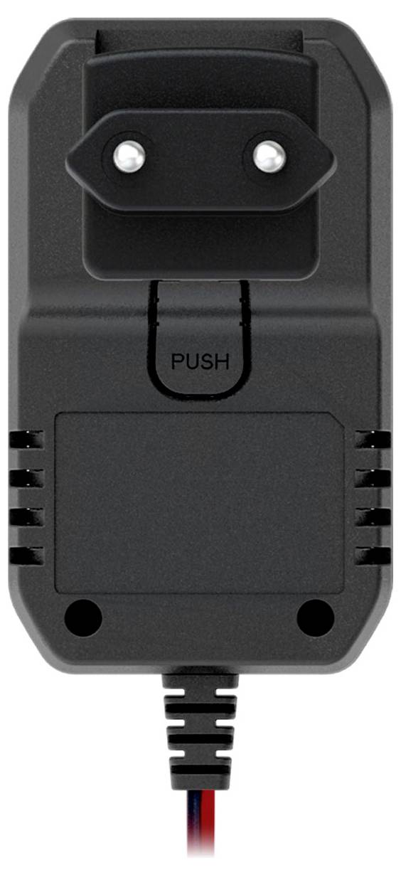 Schwarzes Netzladegerät mit zwei Metallkontakten oben und einem Kabel unten. In der Mitte ist ein 'PUSH'-Knopf zu sehen.