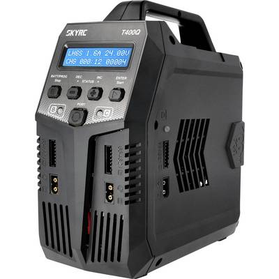 Ein schwarzes Ladegerät der Marke SkyRC T400Q mit blauer LED-Anzeige, mehreren Tasten und Anschlüssen. Geeignet für RC-Batterien.