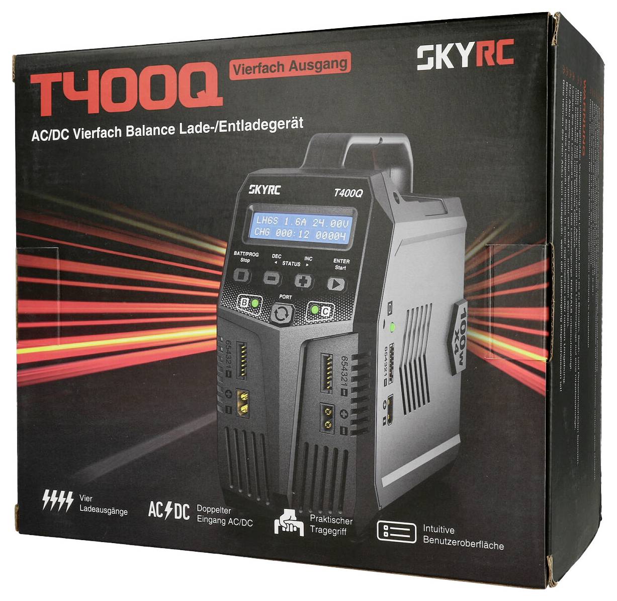 Ladegerät SKYRC T400Q: Vierfach-Balance-Ladegerät für Li-Ionen-Batterien. Automatische Spannungserkennung, AC/DC-Anschluss.