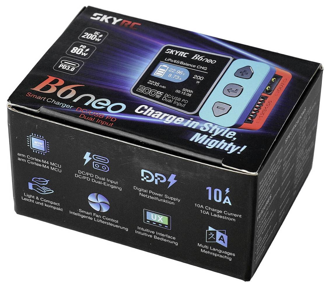 'SKYRC B6 Neo', ein schwarzes Ladegerät im Karton mit Beschreibungen zur Leistung und Funktionen, wie 200W-Leistung, DCP/Dual Input.