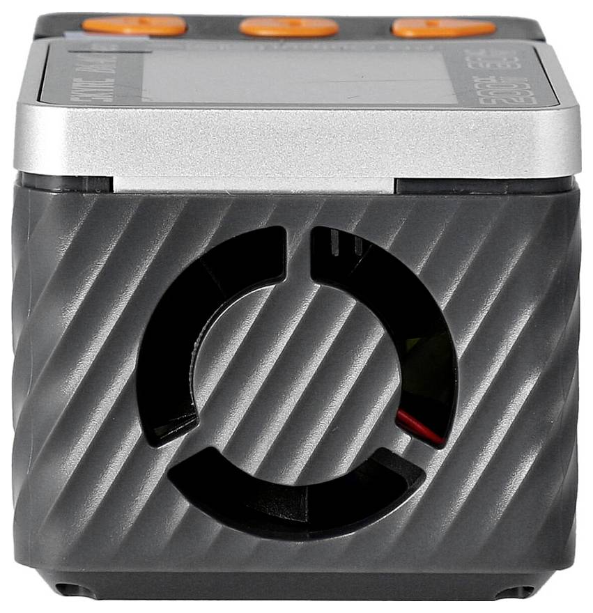 Ein grau-schwarzes elektronisches Gerät mit geriffelter Oberfläche und drei orangefarbenen Tasten oben, möglicherweise ein Werkzeug oder ein Messgerät.