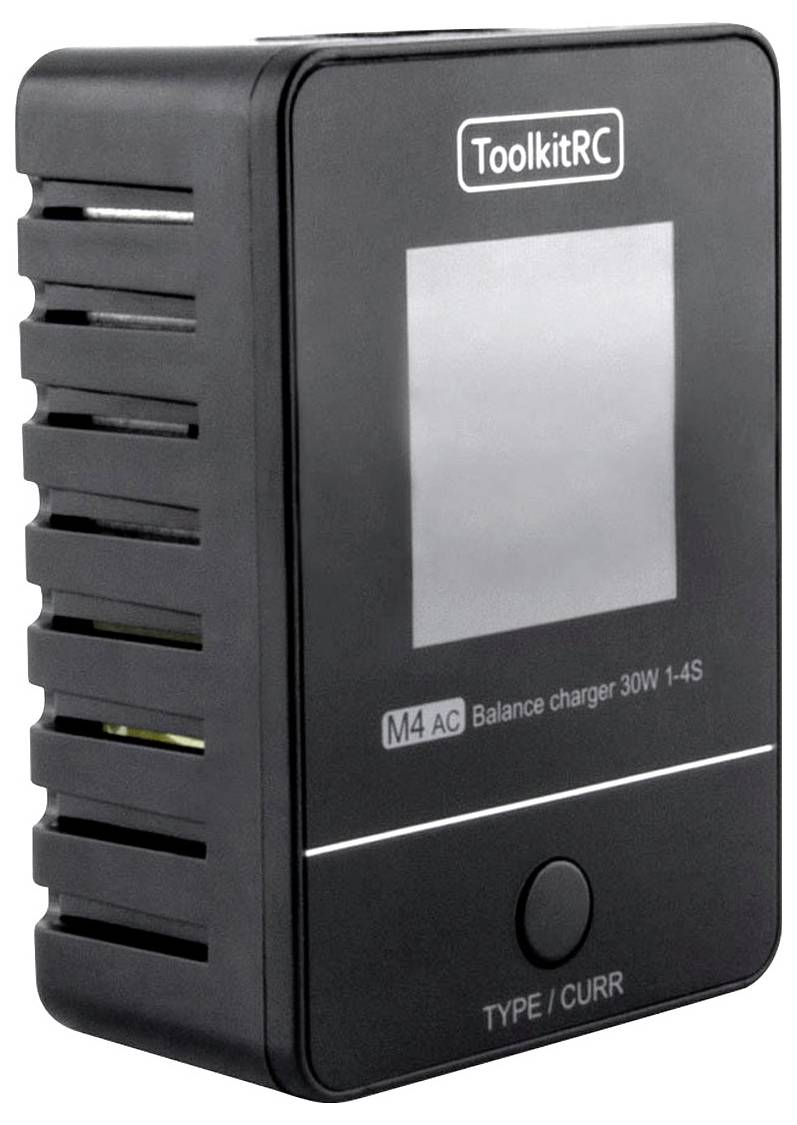 Der ToolkitRC M4 AC ist ein Balance-Ladegerät mit 30W Leistung für 1-4S Akkus, kompaktes Design, seitliche Lüftungsschlitze und Steuerknopf.