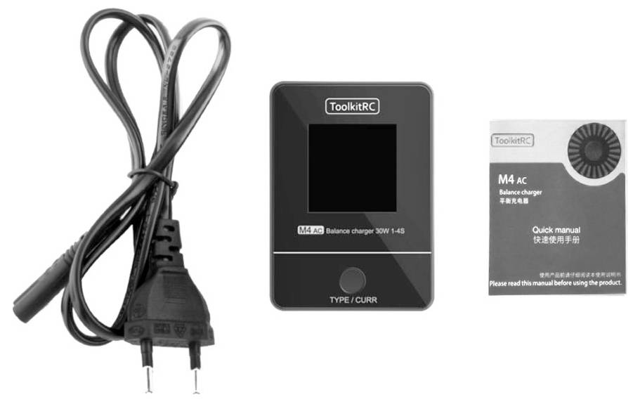 Ladegerät 'ToolkitRC M4AC', Netzkabel und Kurzanleitung.