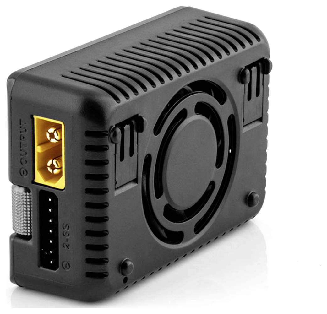 Schwarzer Lüfter mit Gehäuse, seitlich ein gelber Anschluss und schwarzer Port mit Aufschrift '2-6S'; dient zur Kühlung elektronischer Geräte.