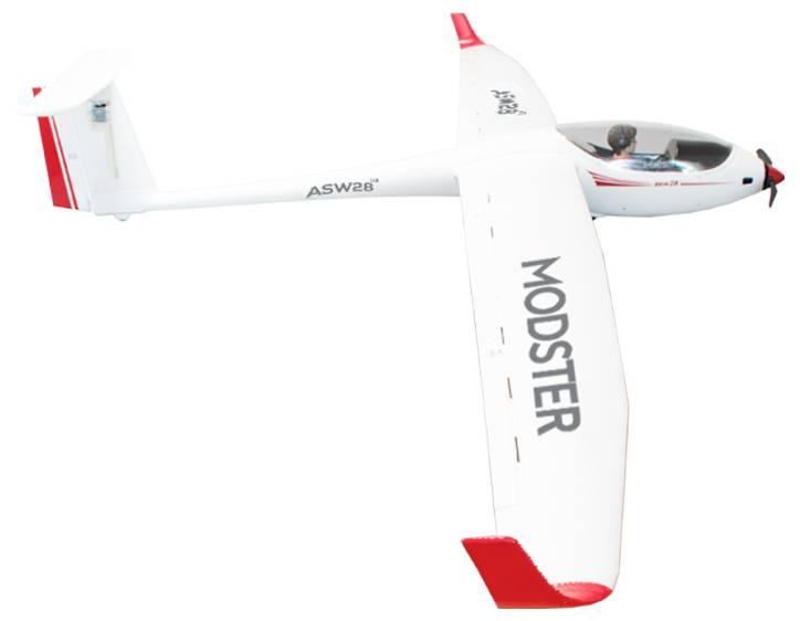 Segelflugzeug mit roter Spitze und 'MODSTER'-Beschriftung auf dem Flügel, fliegt seitlich. Ein Pilot sitzt im Cockpit.