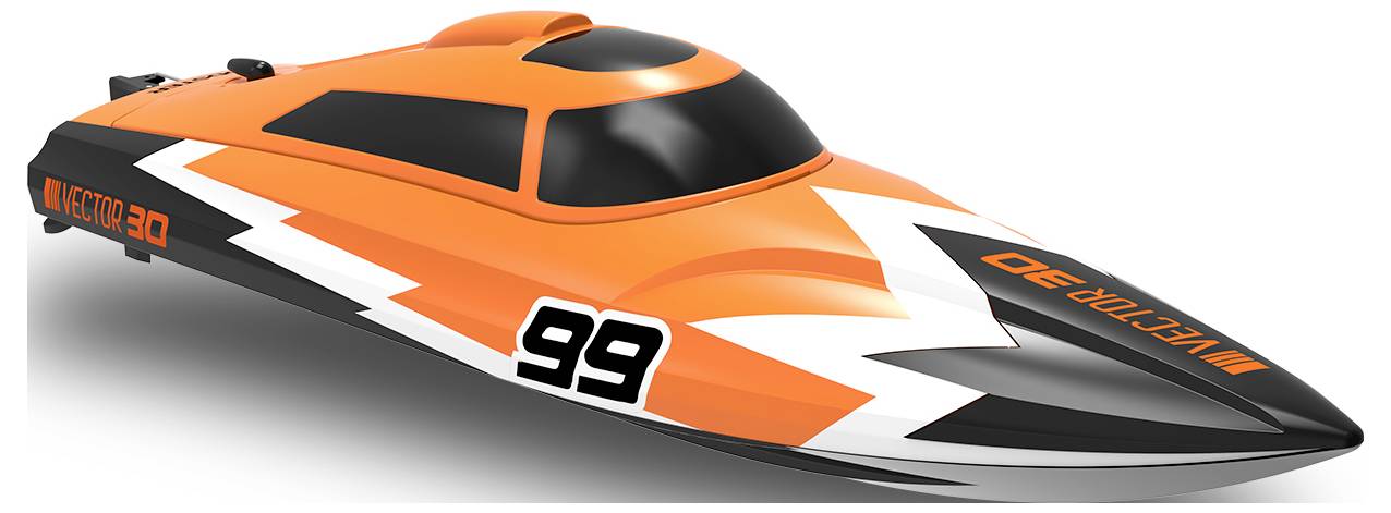 Ein orange-schwarzes Modell-Speedboot mit der Nummer '99' auf der Seite. Es hat eine stromlinienförmige Form und ein modernes Design.