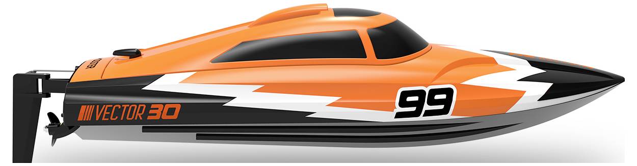 Ein orangefarbenes, stilisiertes Modell-Schnellboot mit der Nummer '99' und schwarzen sowie weißen Akzenten auf der Seite.