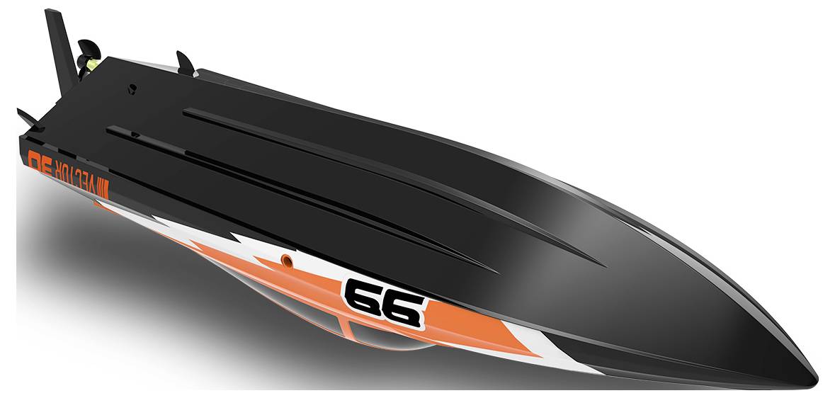 Schwarzes Modellboot mit der Nummer '66' in Orange an der Seite und dem Schriftzug 'ONE MAD RUN' hinten, futuristisches Design.