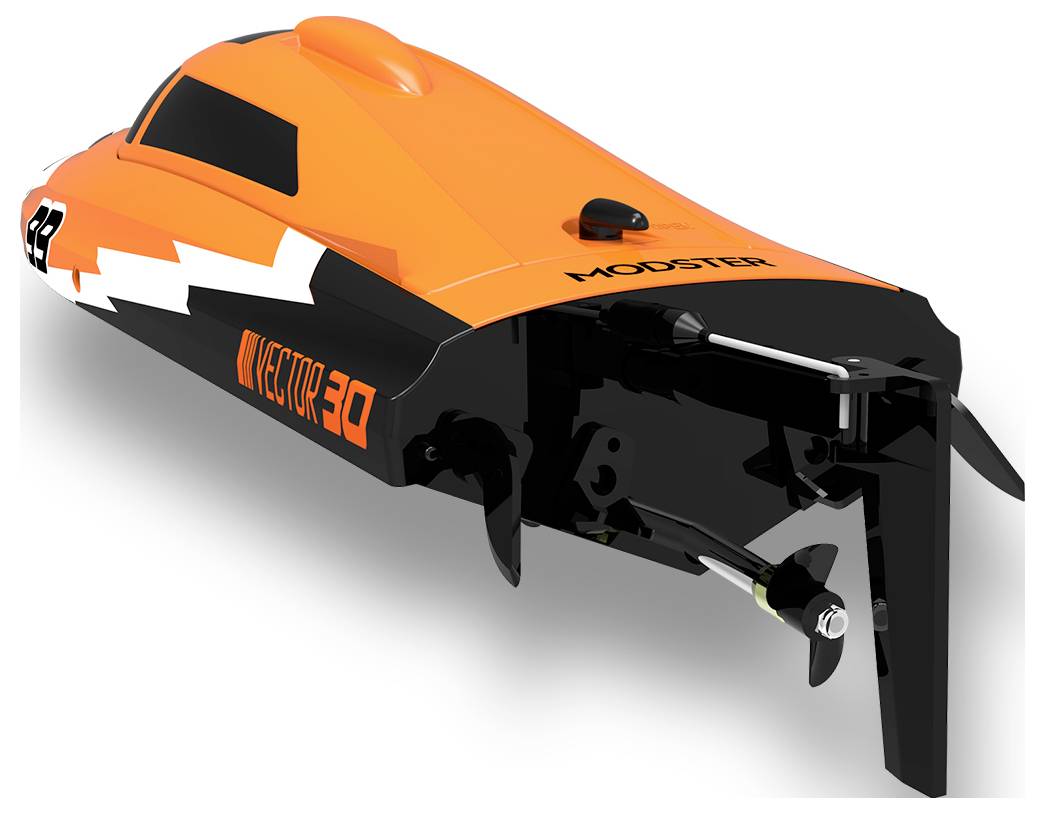 Ein orange-schwarzes ferngesteuertes Boot, auf dem 'VECTOR 40' steht. Es hat ein markantes Design mit Propeller am Heck.