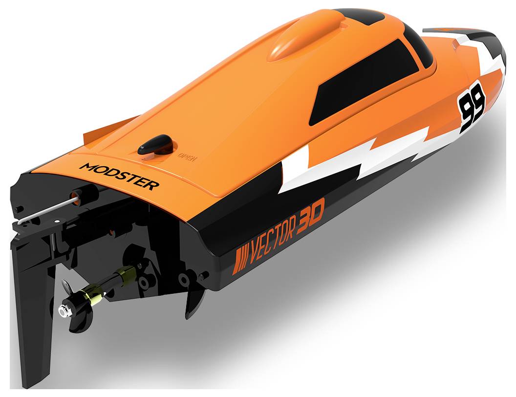 Ein orange-schwarzes Modellboot mit der Aufschrift 'VECTOR 3D' und der Nummer 99, ausgelegt für Hochgeschwindigkeit auf Wasser.