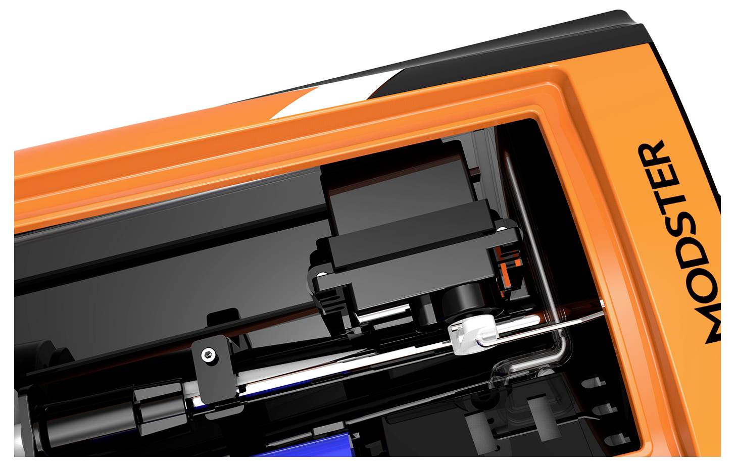 Modell eines orangefarbenen RC-Autos von oben. Der Motor und die inneren mechanischen Teile sind sichtbar.