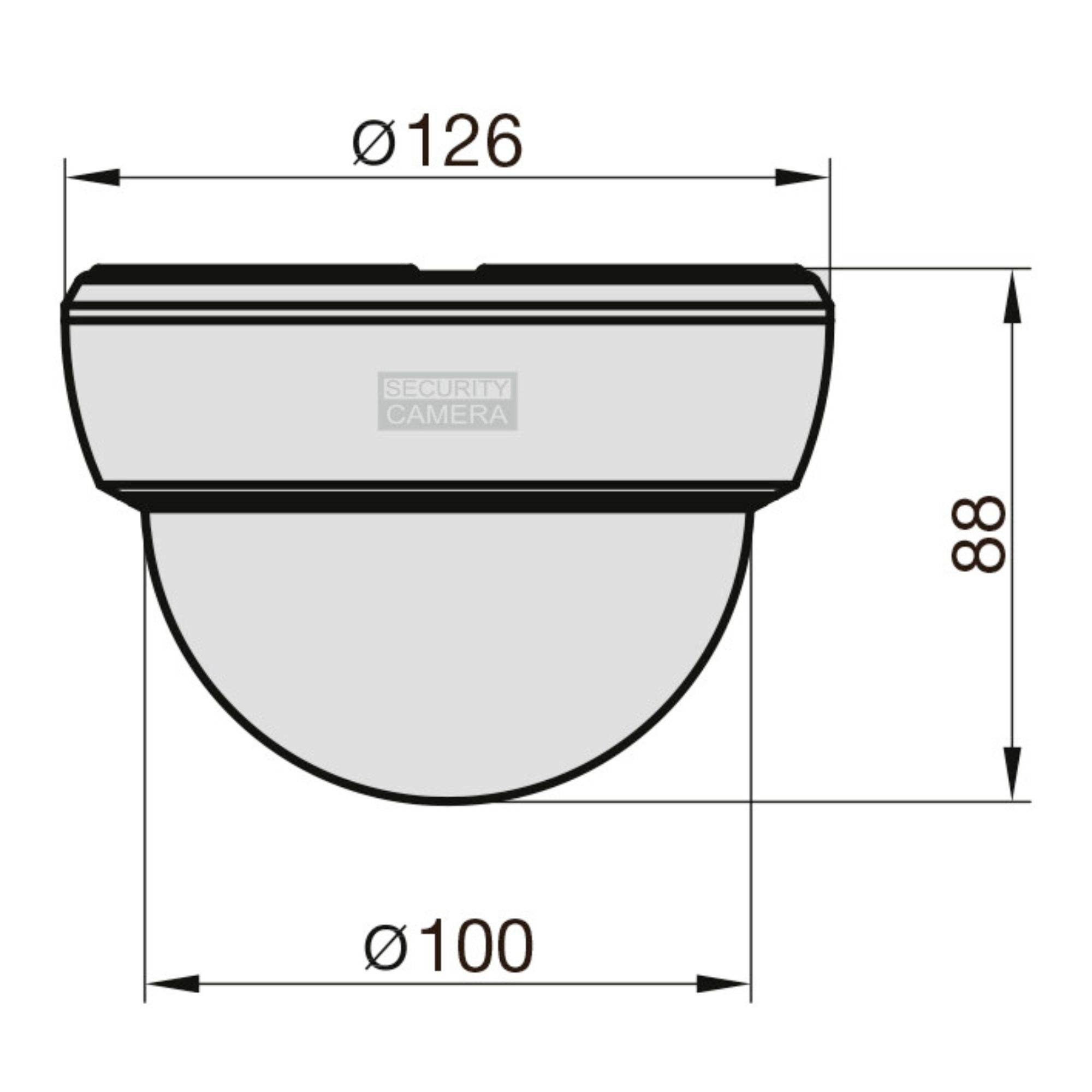 Abbildung einer Überwachungskamera mit den Maßen: Durchmesser oben 126 mm, Durchmesser unten 100 mm, Höhe 88 mm.