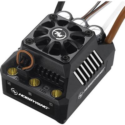 Ein schwarzer Hobbywing-Elektroregler mit Lüfter, Anschlüssen und Kabeln, der in ferngesteuerten Modellen zur Steuerung des Motors verwendet wird.