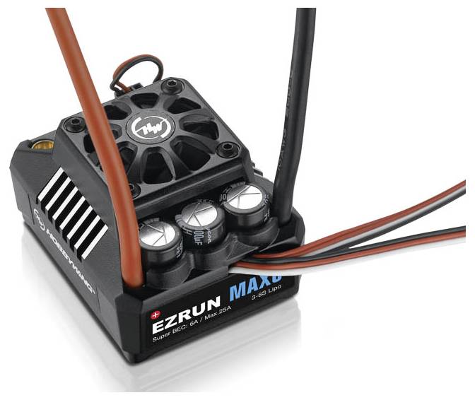 Ein elektronischer Fahrregler für ferngesteuerte Autos, markiert mit 'EZRUN MAX8', zeigt mehrere Kabelanschlüsse und Kühlrippen.