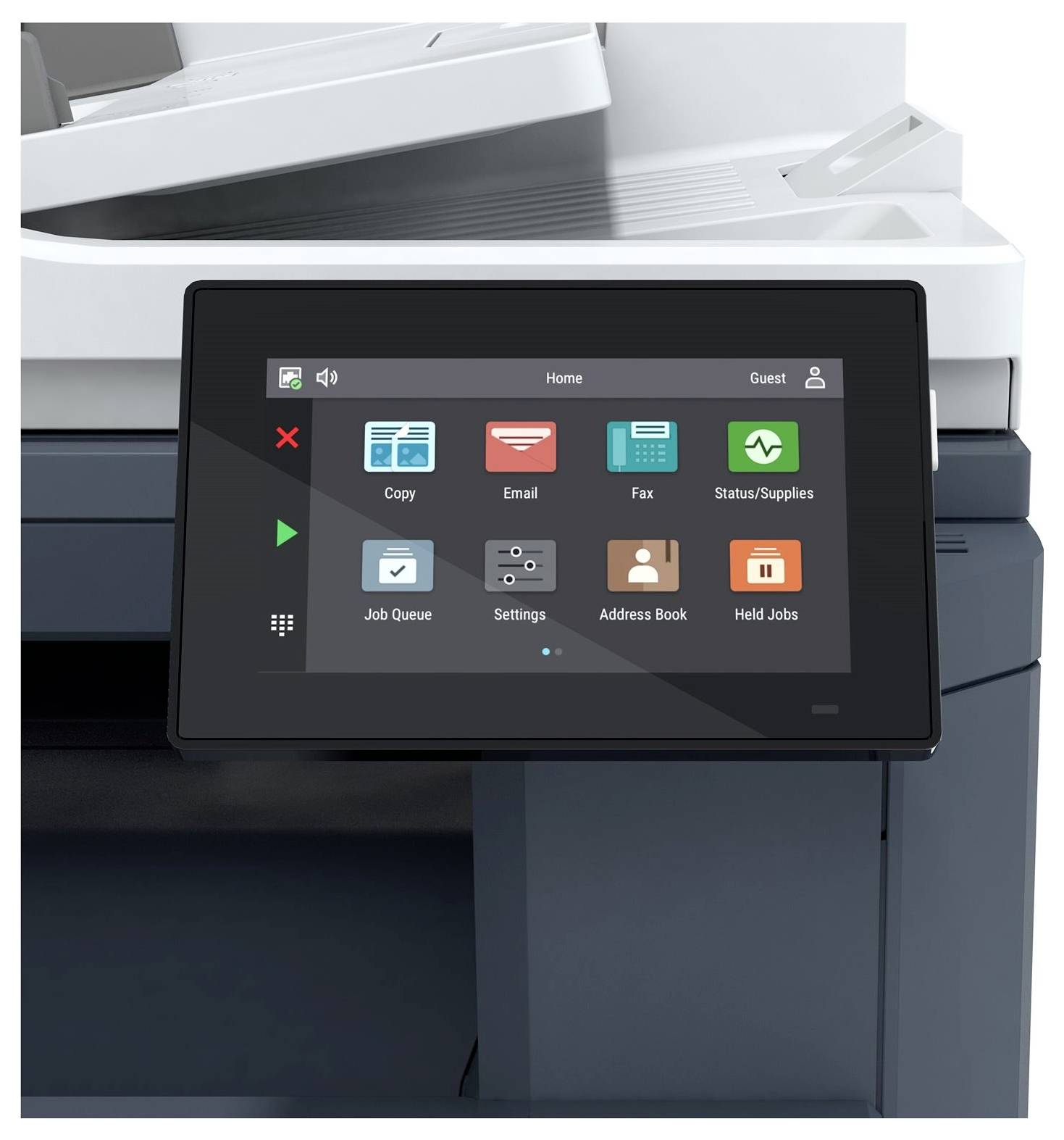 Touchscreen eines Kopiergeräts mit Symbolen für 'Kopieren', 'E-Mail', 'Fax', 'Status/Vorräte', 'Druckaufträge', 'Einstellungen'.